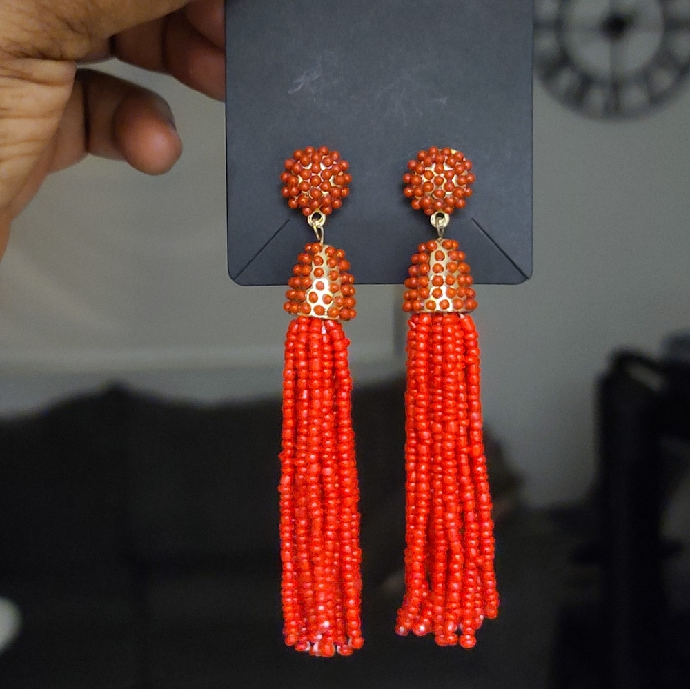 Red Beaded fringe tassle earrings .